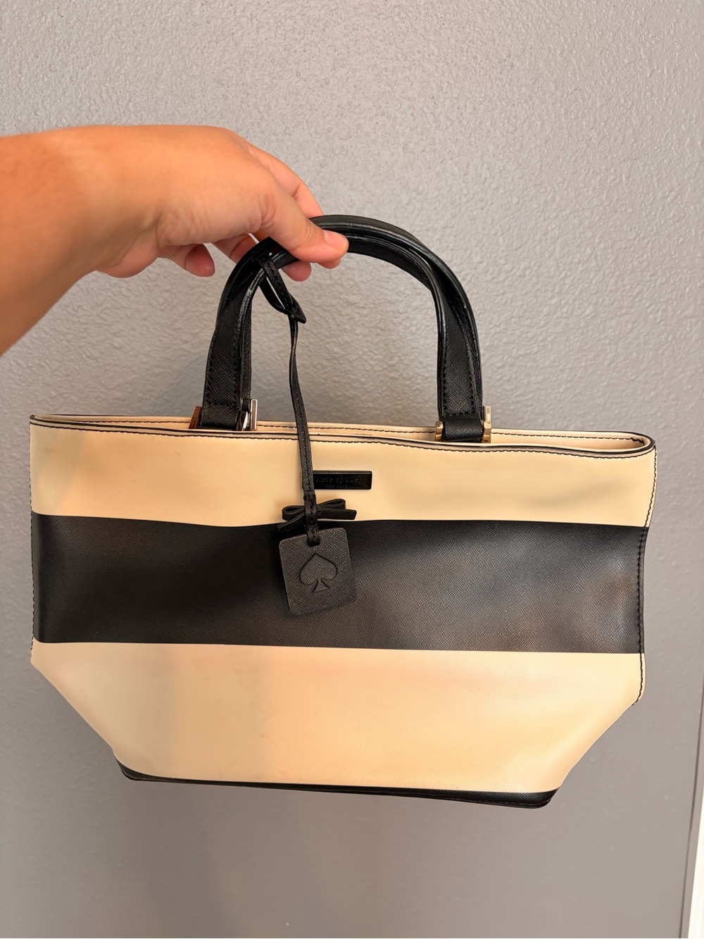 kate spade Black and Cream Striped Tote with Top Handles